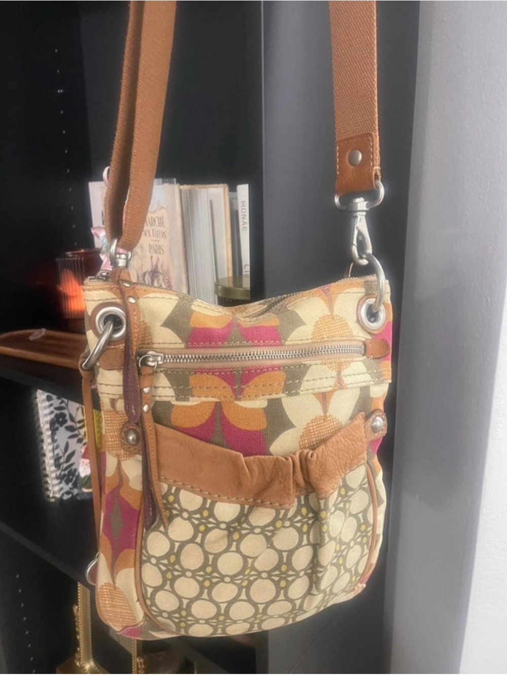Fossil Multicolor Canvas Crossbody with Tan Strap